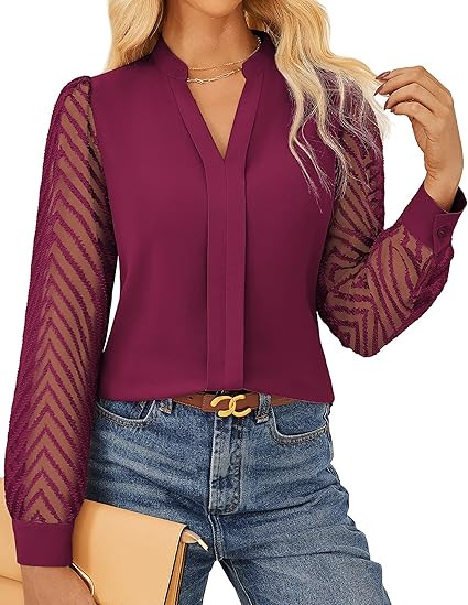 GRACE KARIN Women Business Casual Tops Sheer Lace Long Sleeve Blouses Work Office Pleated V Neck ... | Amazon (US)