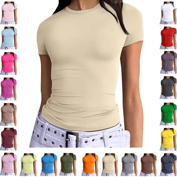 Ndbuld Womens Basic Short Sleeve Slim Fit T Shirts Ndbuld Women's Casual Solid Color Short-Sleeve... | Walmart (US)
