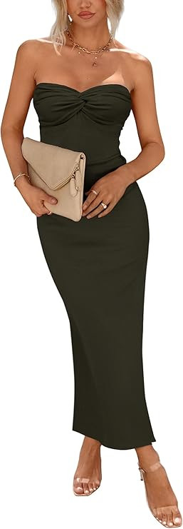 PRETTYGARDEN Women's 2026 Summer Bodycon Maxi Dress Strapless Tube Twist Knot Front Ribbed Knit S... | Amazon (US)