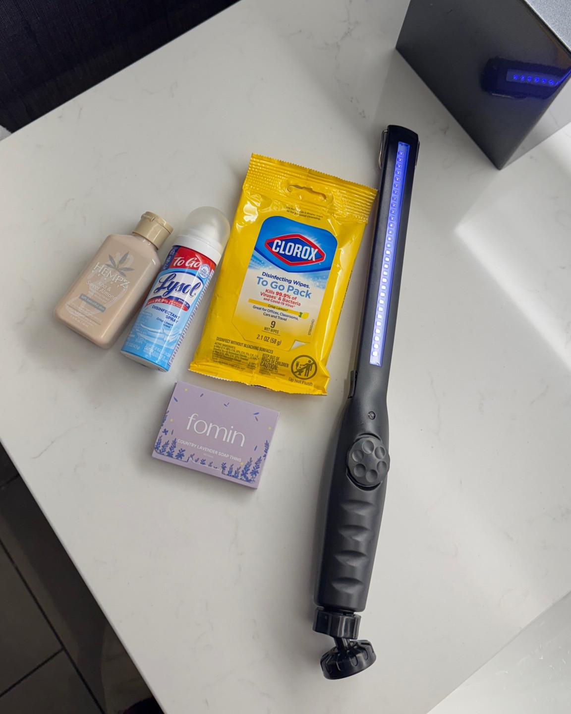 Travel must haves for a clean hotel stay 
Travel sized cleaning products 
UV sanitizing light 
Foaming travel hand wash 
Packing cubes 

#LTKFamily #LTKTravel #LTKWedding