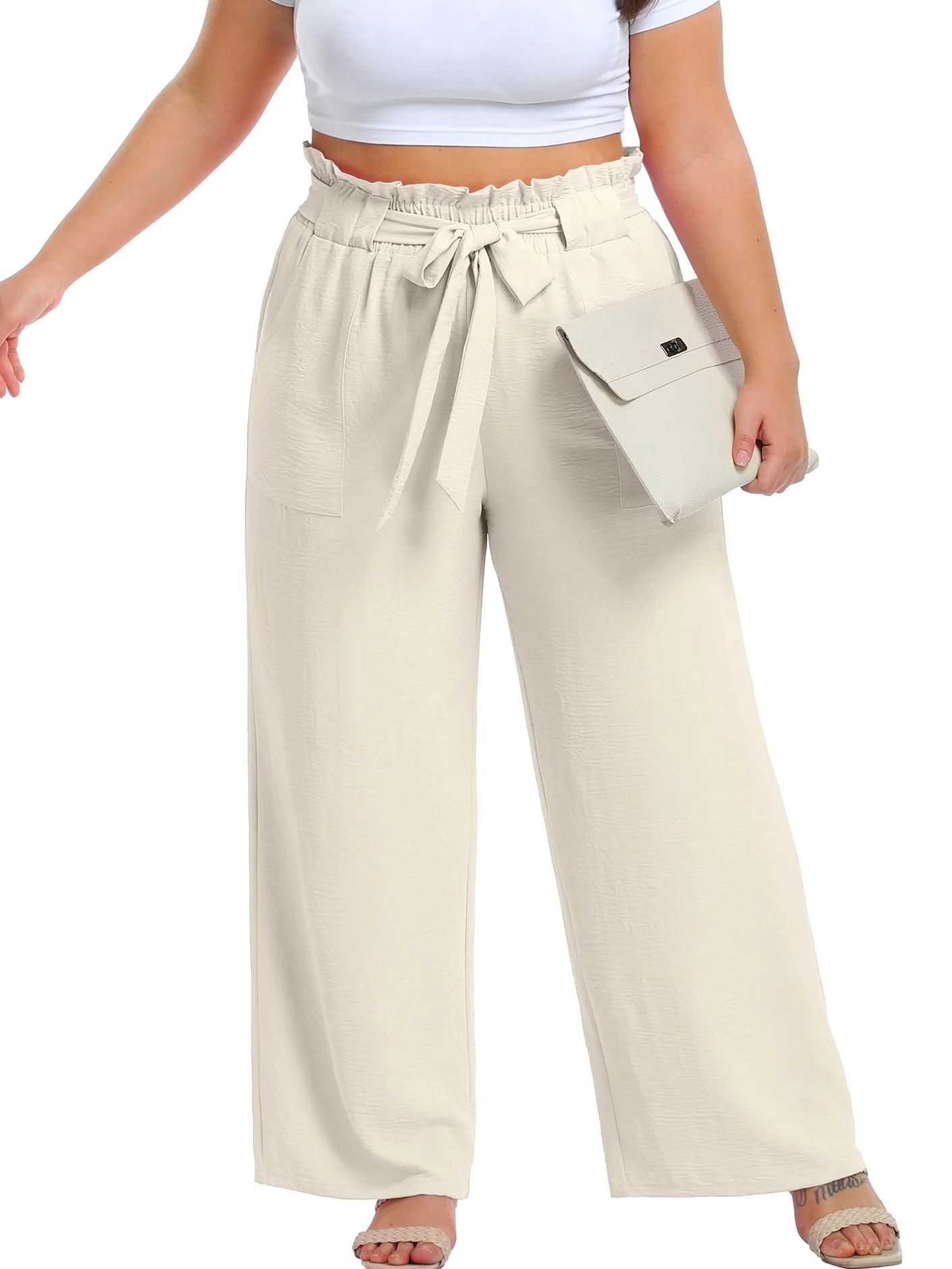 Cueply Womens Wide Leg Pants Plus Size Elastic Tie Knot Lounge Pants Loose Trousers with Pockets | Walmart (US)