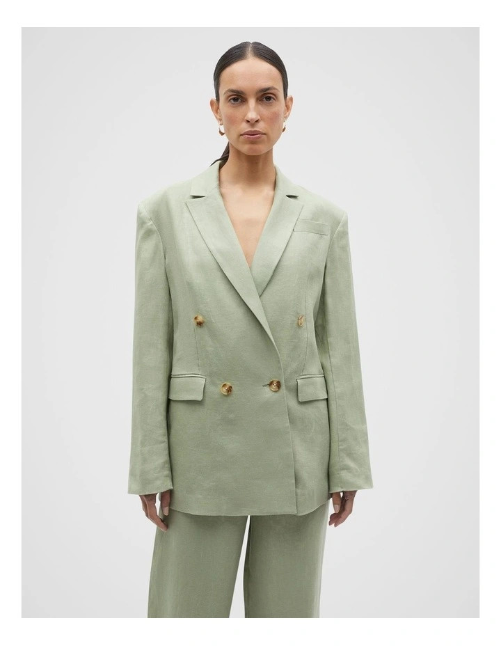 Seed HeritageLinen Double Breasted Blazer in Pale Olive | Myer