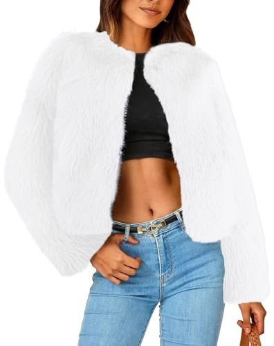 Simplee Women's Faux Fur Coat Furry Cropped Jacket Long Sleeve Warm Open Front Fur Jackets White M | Amazon (US)