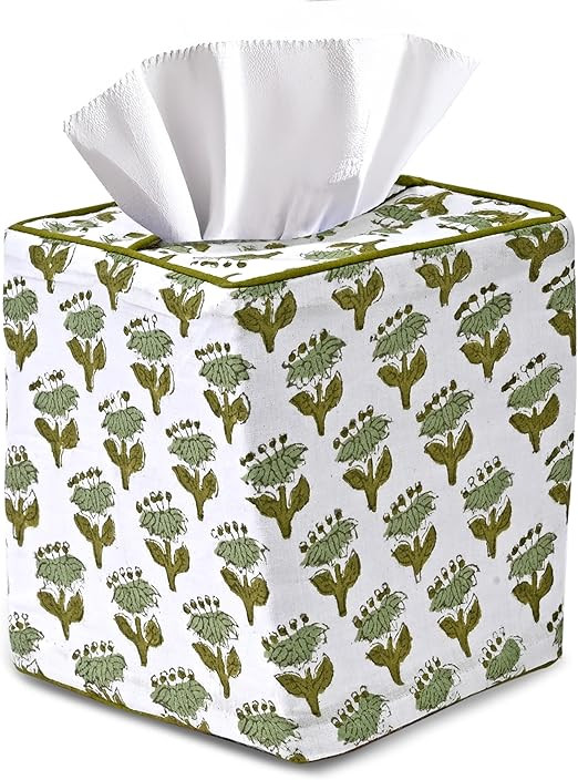 CPC Emerald Green Hand Block Printed Cotton Tissue Box Cover 5" x 5" x 5.5" Square Soft Reusable ... | Amazon (US)