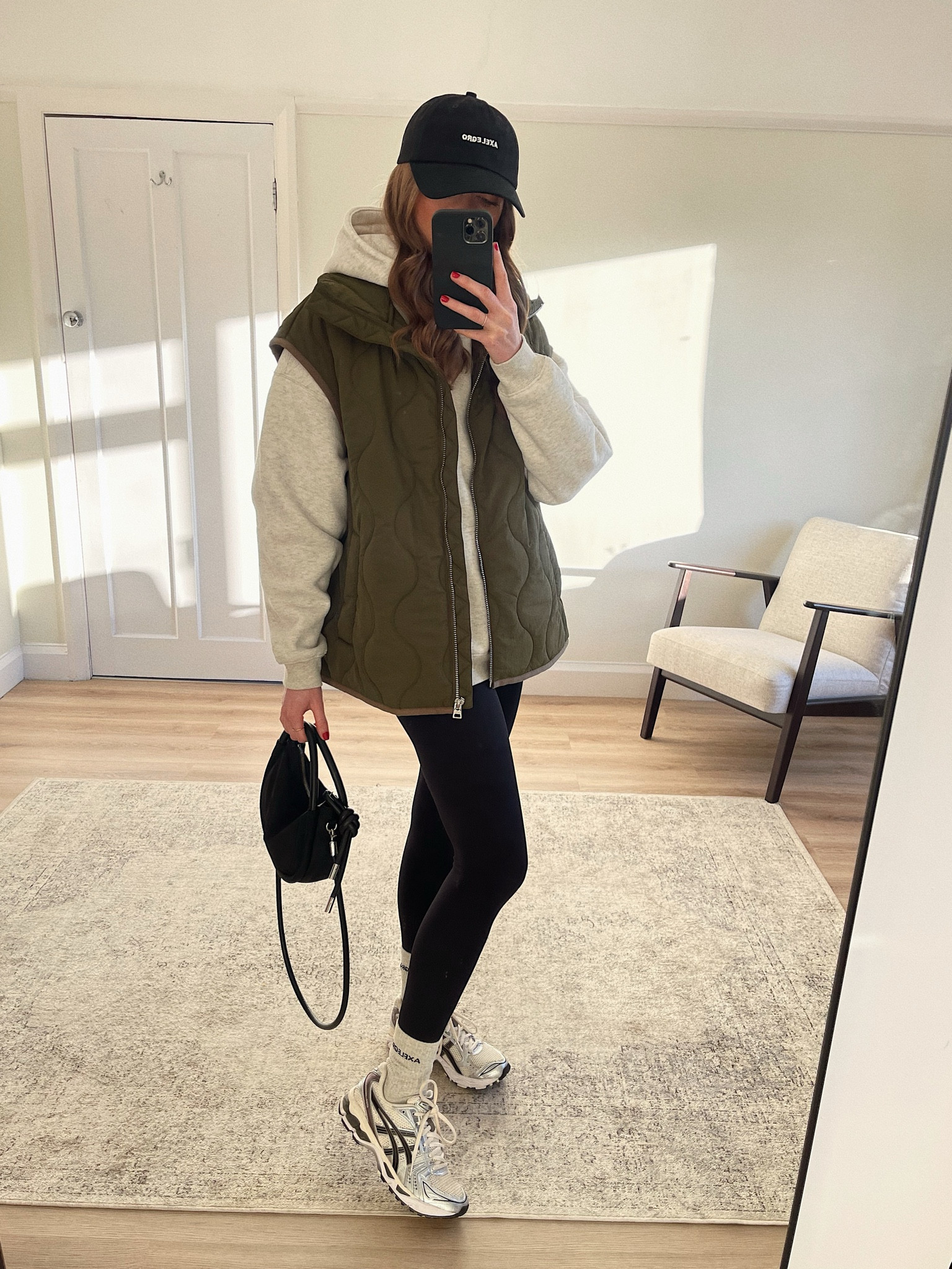 Sunday casual outfit 
Small in the green gilet, this runs big so definitely size down 
another version second skin leggings, these are the best! 
Ganni bag
ASICS gel kayano trainers 
