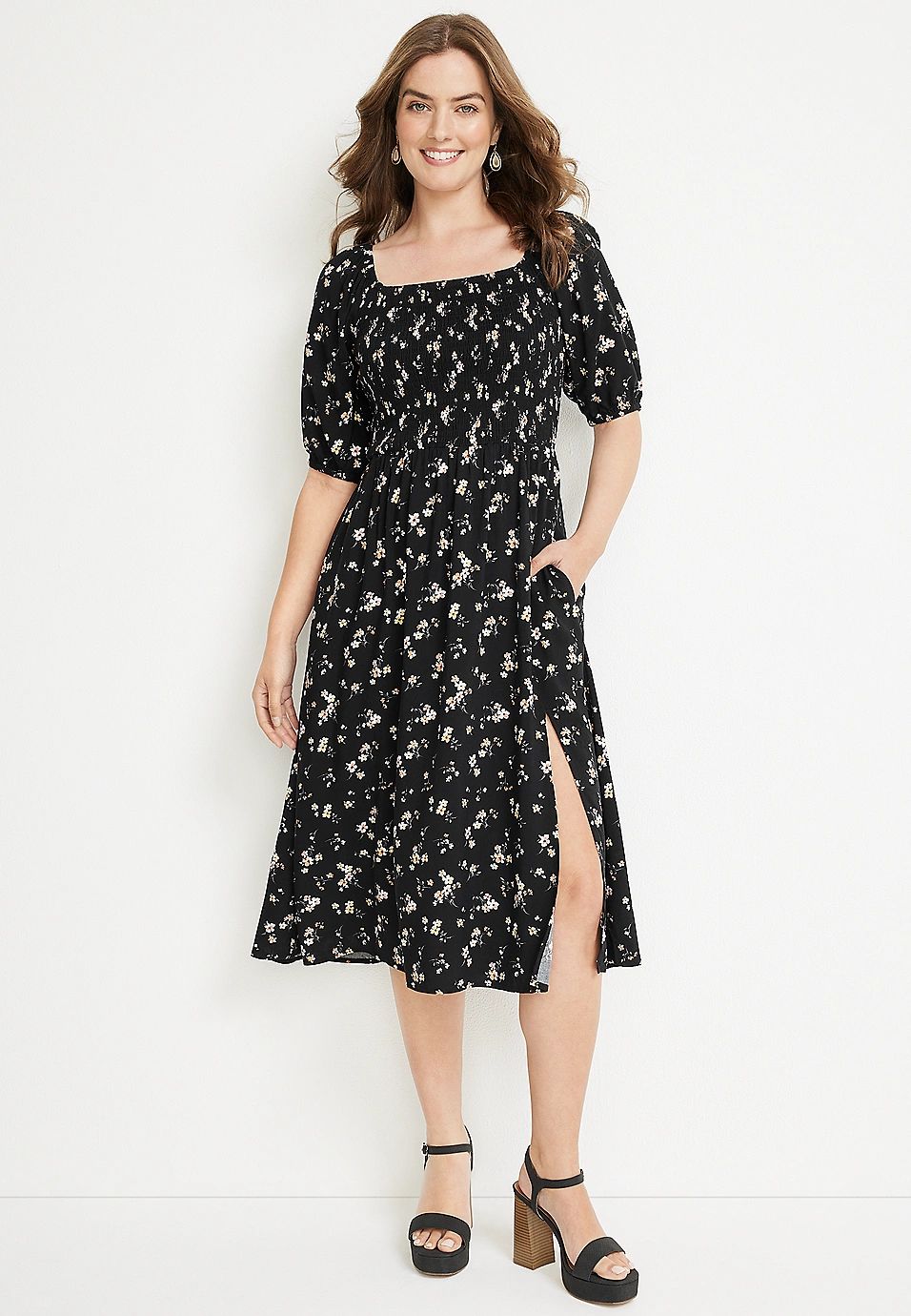 Floral Puff Sleeve Midi Dress | Maurices