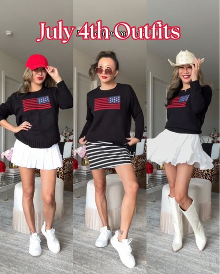 July 4th outfits! Fourth of July outfits, red white and blue outfits, flag sweater, Amazon finds, white skirt, cowboy boots

wearing size small in everything!

#LTKStyleTip #LTKSeasonal