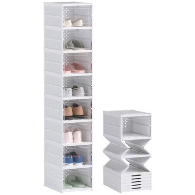 HOMCOM 8 Pack Shoe Boxes Clear Plastic Stackable Shoe Organizer with Clear Door, Foldable Sneaker Storage Boxes, No Assembly, Fit Size 10, White | Target
