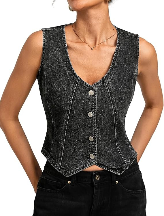 Kate Kasin Women's Denim Vest, Sleeveless Stretch Button Down Jean Vest for Women, Casual Fitted ... | Amazon (US)