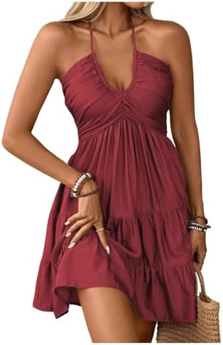SOLY HUX Women's Summer Mini Dress Halter Backless Sleeveless A Line Ruffle Hem Flowy Cami Dresse... | Amazon (US)