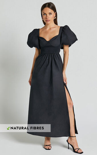 Raiza Midi Dress - Shirred Waist Puff Sleeve Dress in Black | Showpo (US, UK & Europe)