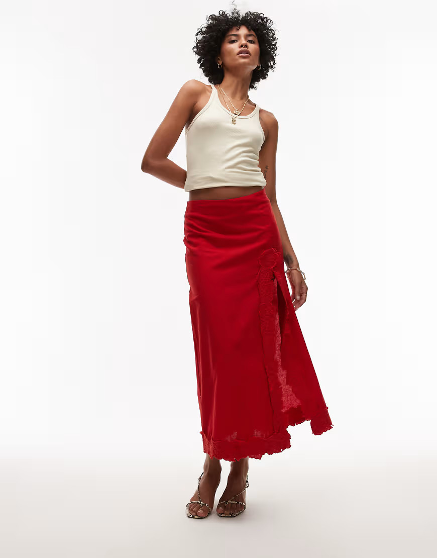 Topshop floral cutwork midi skirt with split in red | ASOS (Global)