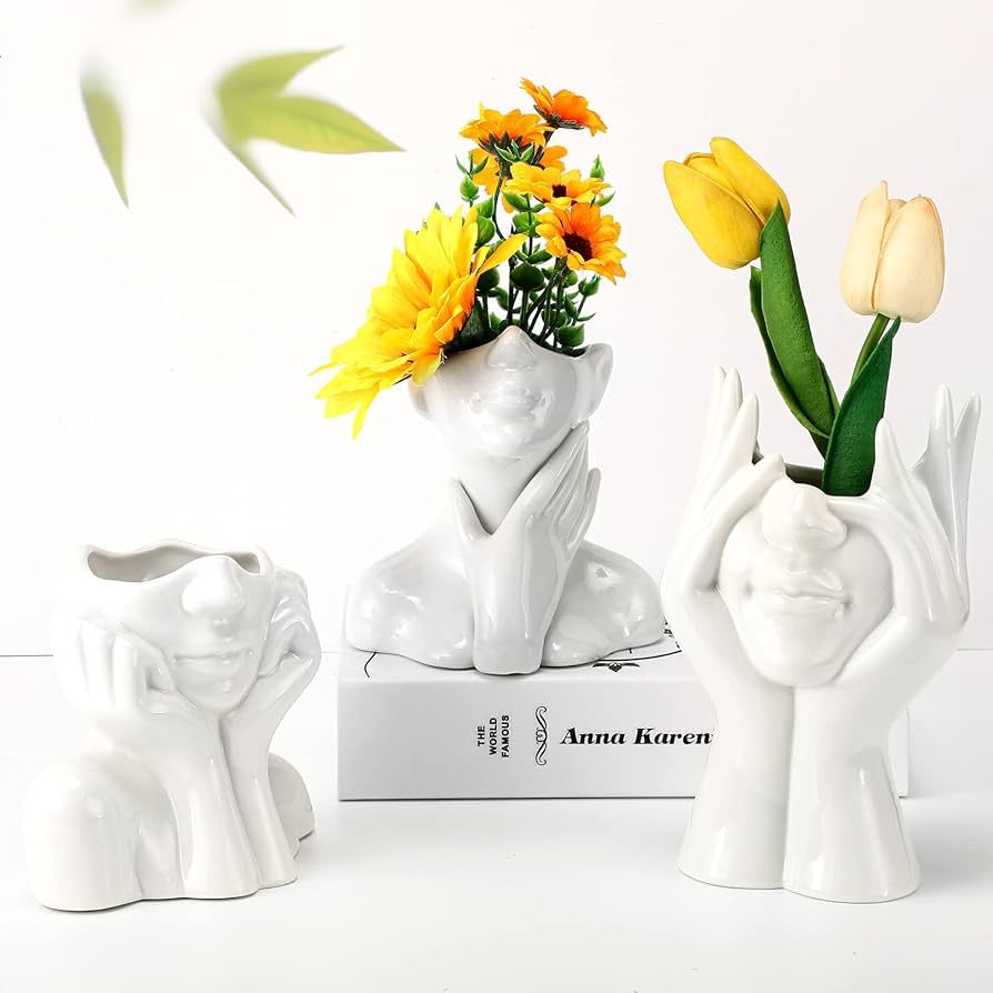 Sieral 3 Pcs Ceramic Face Vase Female Form Modern Body Decorative Head Half Bust Vases White Flow... | Amazon (US)