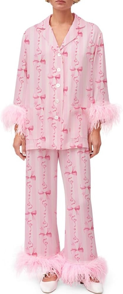 Women Valentine's Day Pajamas Feather Trim Long Sleeve Shirt + Pants Heart Print Silk Satin 2 Pie... | Amazon (US)