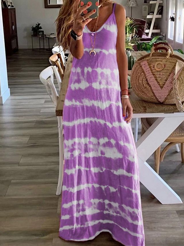 Women's Maxi Wine Purple Dress Maxi Dress Spring Vacation Beach A Line Swing Color Block Tie Dye ... | Light in the Box - US