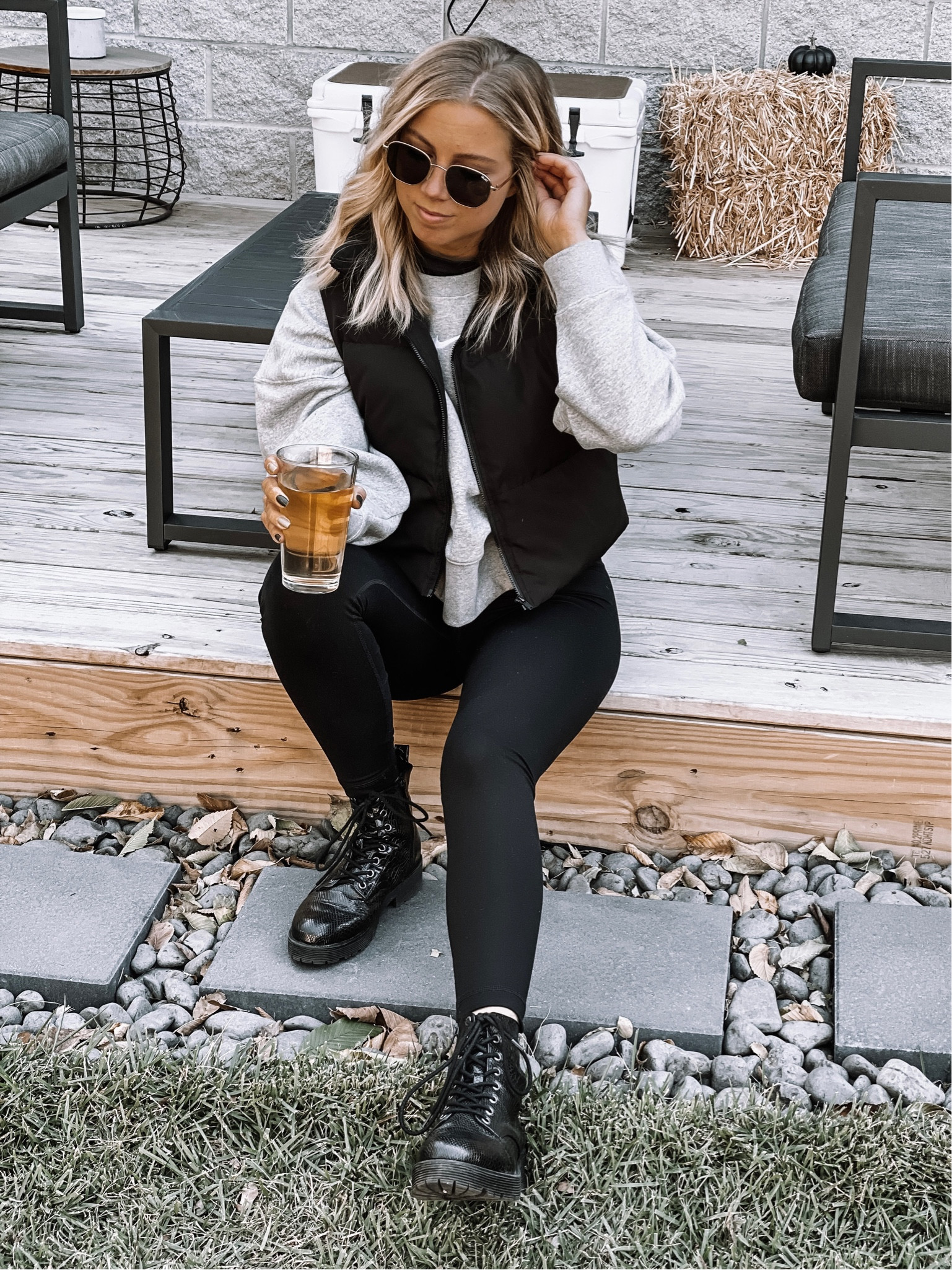 Fall look: Nike long sleeve high neck shirt and oversized grey crew neck sweatshirt with leggings, black snake skin leather combat boots, and quay hexagon shape sunglasses 

#LTKsalealert #LTKshoecrush #LTKstyletip