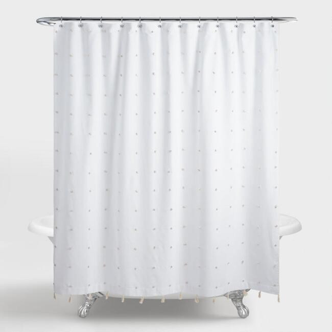 White and Ivory Embroidered Pom Pom Ellie Shower Curtain | World Market