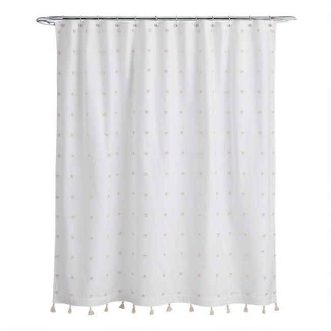 White and Ivory Embroidered Pom Pom Ellie Shower Curtain | World Market