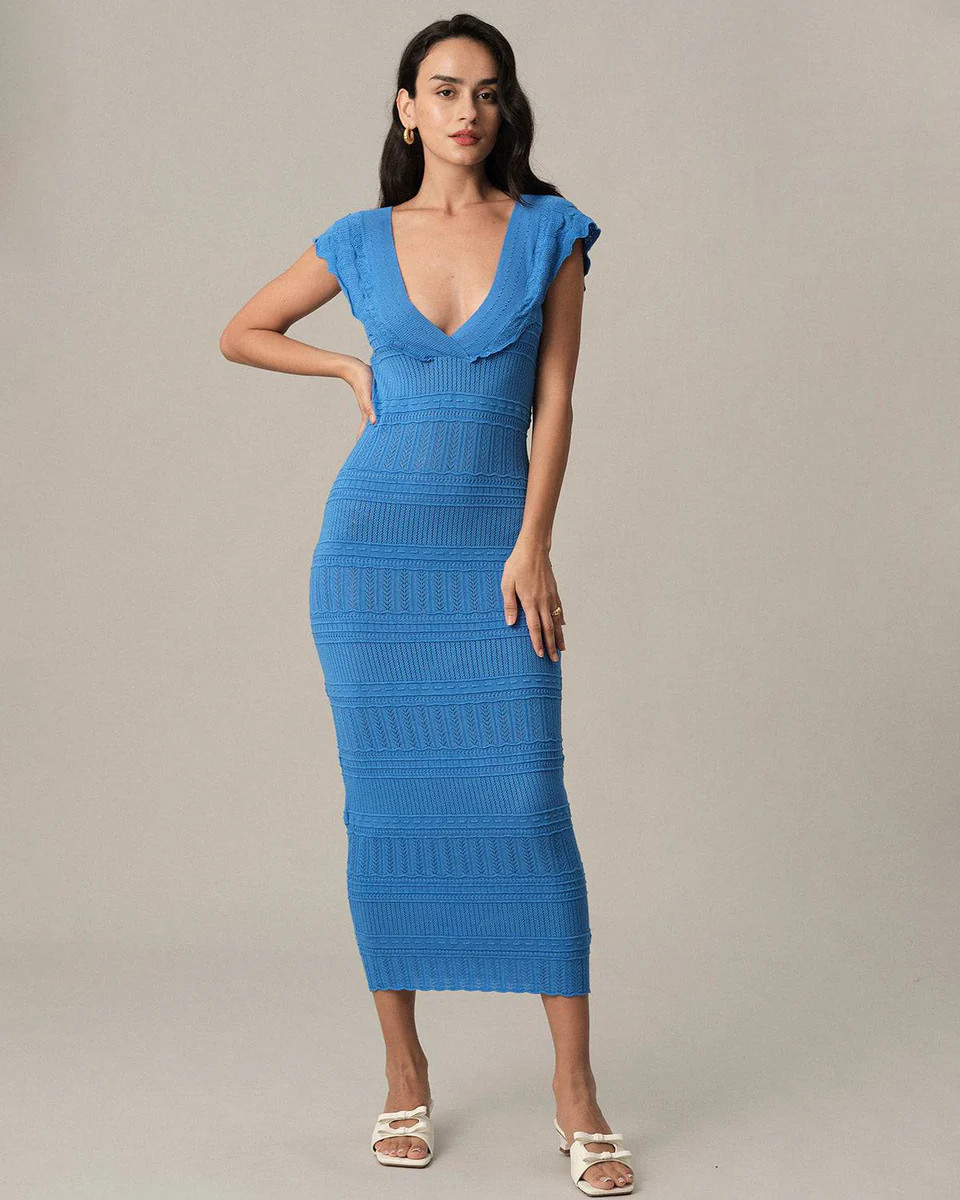 The Blue Ruffle Bodycon Knit Midi Dress & Reviews - Blue - Dresses | RIHOAS | rihoas.com