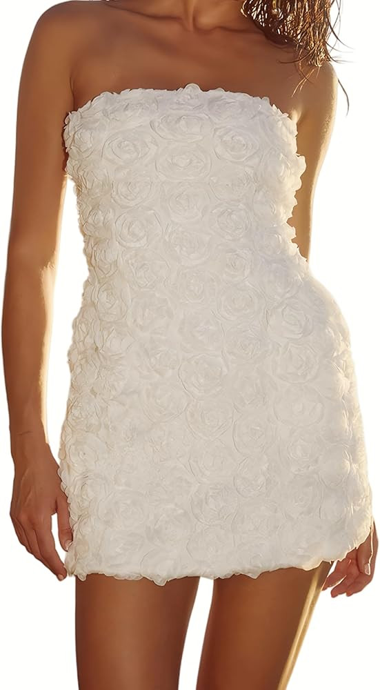 Womens Strapless Mini Dress Sexy Short Bodycon Off Shoulder Stretchy 3D Floral Appliques Tube Top... | Amazon (US)