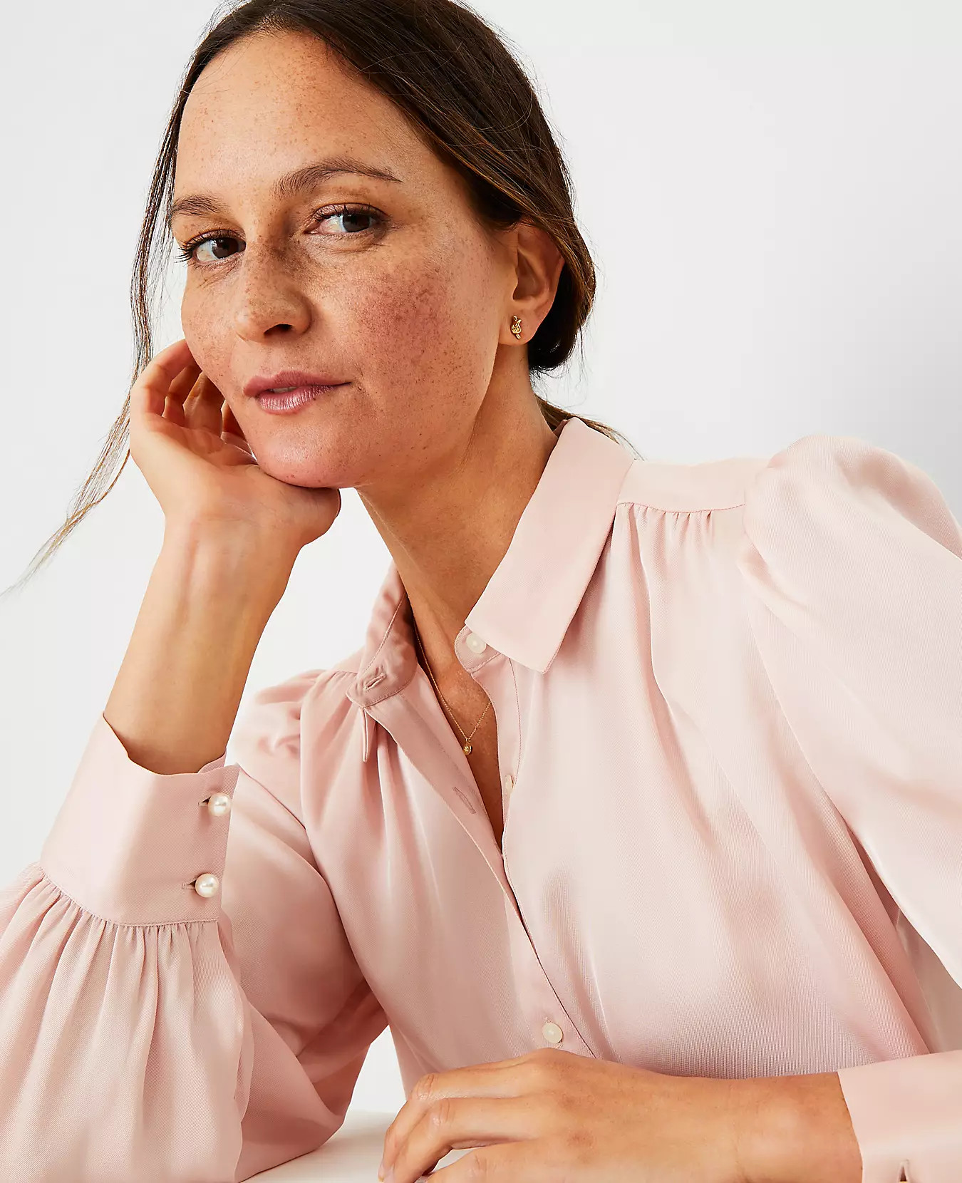 Shirred Pearlized Button Blouse | Ann Taylor (US)