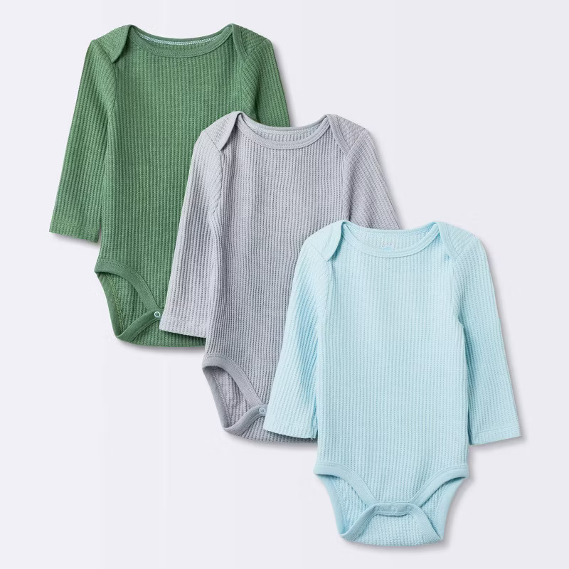 Baby 3pk Long Sleeve Waffle Bodysuit - Cloud Island™ Green | Target