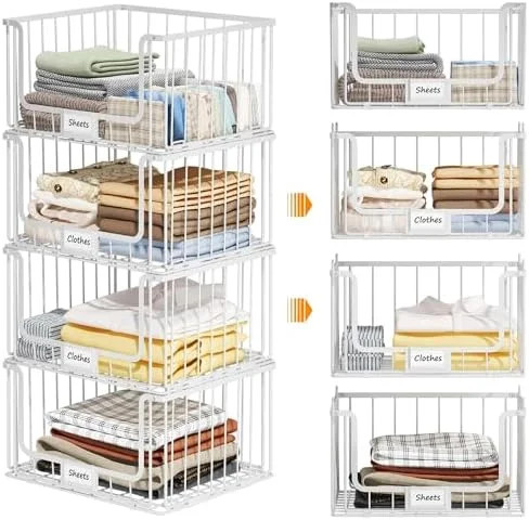4-Tier Stackable Closet Organizers and Storage, Clothes Shelf Organizer, Foldable Wire Basket Bin... | Walmart (US)