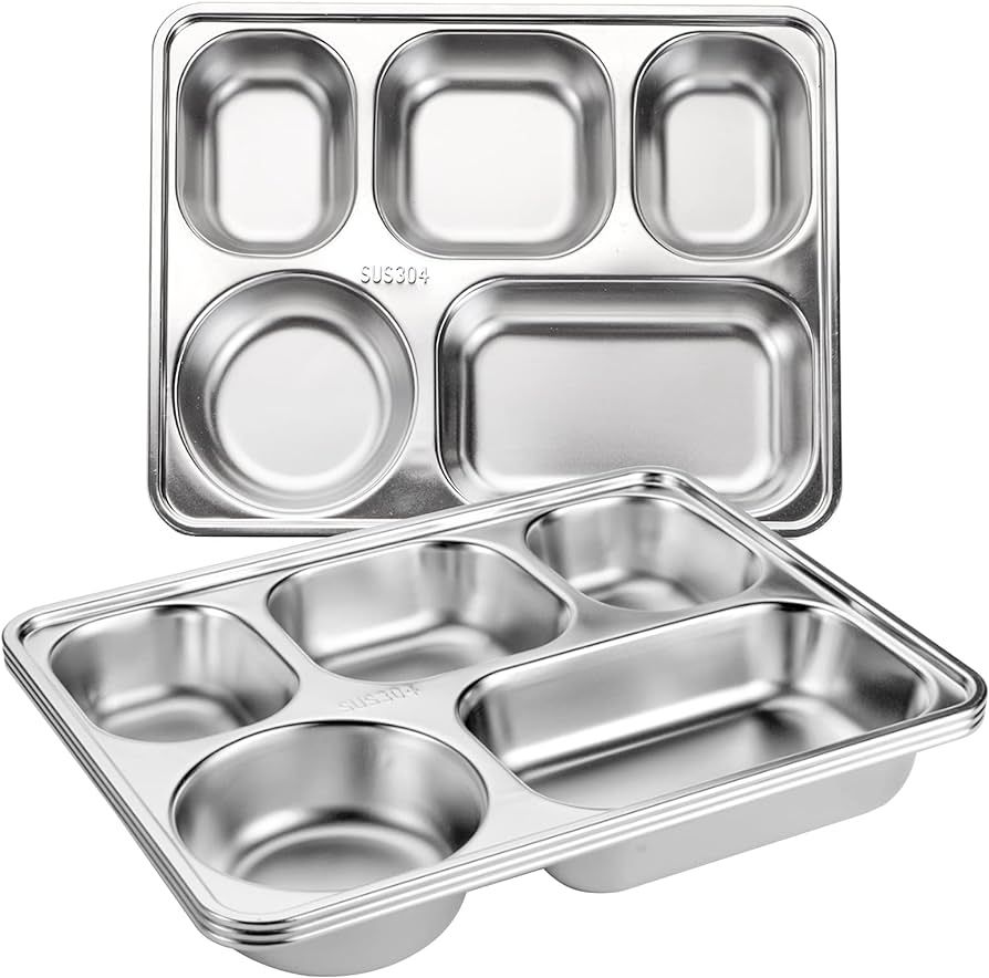 Tebery 3 Pack Stainless Steel Rectangular Divided Plates Tray, 5 Sections Dinner Plates for Adult... | Amazon (US)