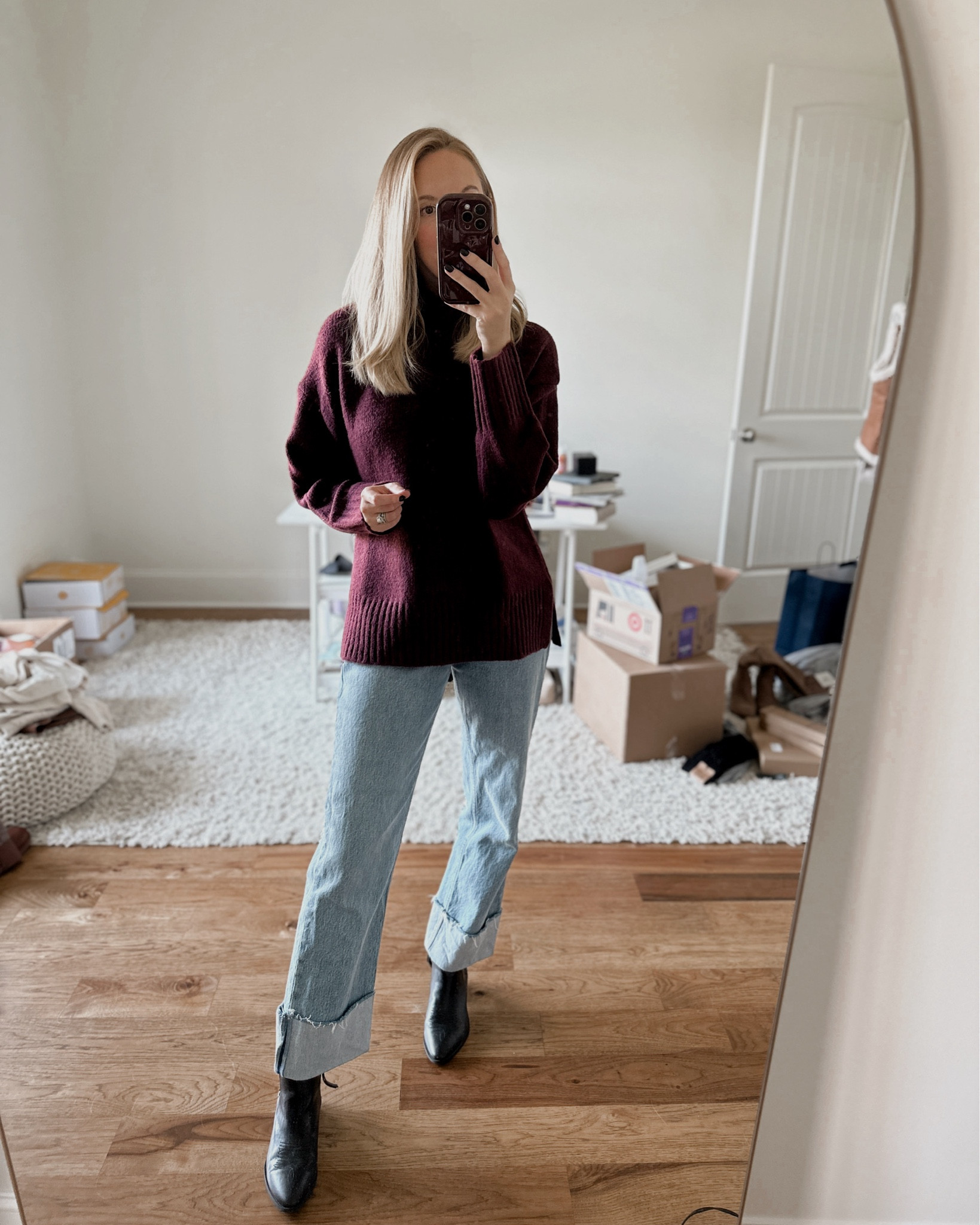Sunday style by BarbiGia. Oversized burgundy wine sweater, cuffed jeans on sale, kitten heel shoes on sale. Holiday casual outfit idea 



#LTKSeasonal #LTKStyleTip #LTKFindsUnder50