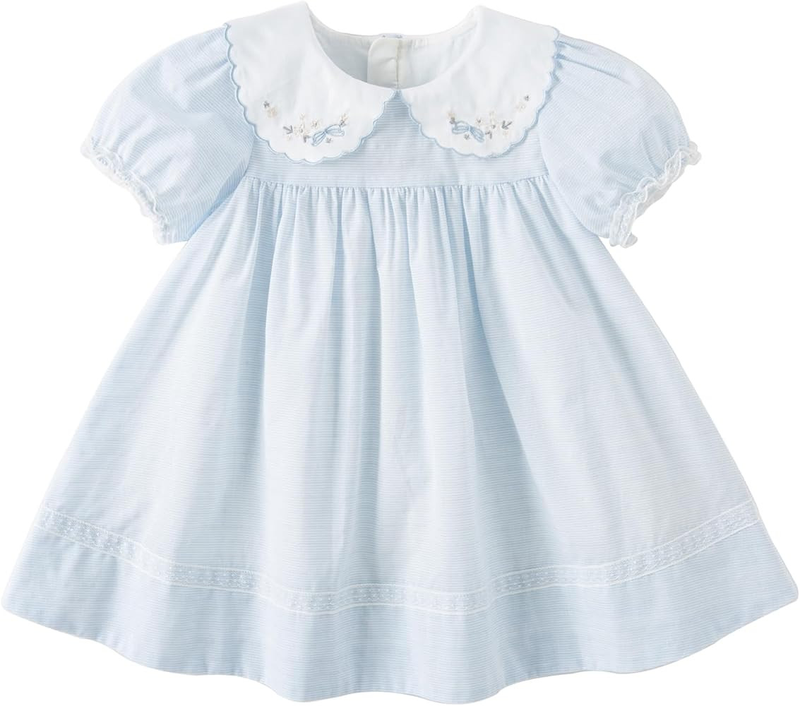 DAVE&BELLA Toddler Baby Girls Summer Dress, Short Puff Sleeve Cotton Sundress Blue Striped Floral... | Amazon (US)