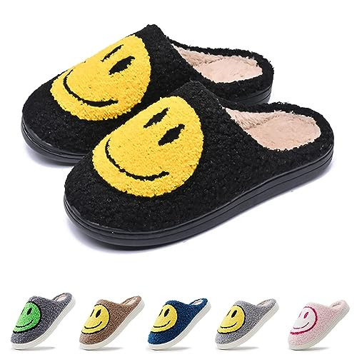 rosyclo Smile Face Slippers Retro Soft Plush Cozy House Slippers Slip-on Fluffy Indoor Outdoor Smile Slippers for Women and Men (Black, 48-49) | Amazon (US)