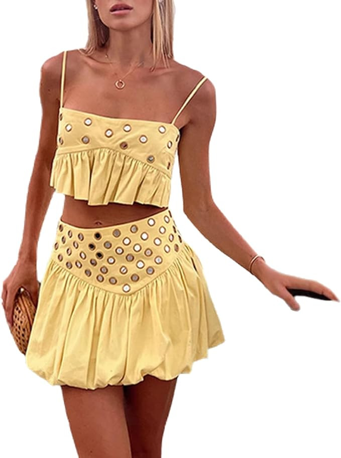 Wuitrie Women 2 Piece Outfits Sleeveless Crop Top Mini High Waisted Pleated Skirt Set for Summer ... | Amazon (US)