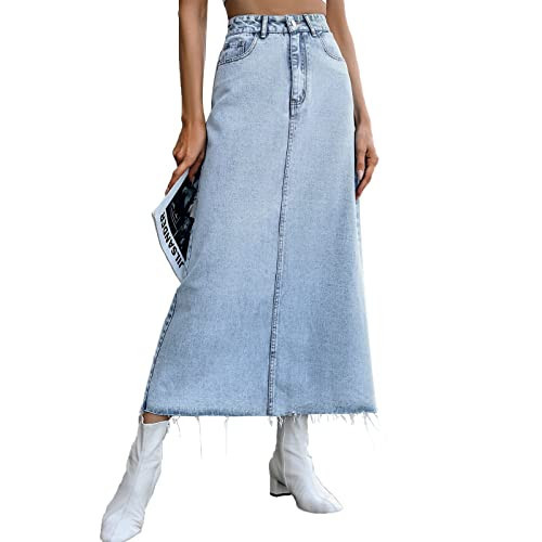 Denim Skirts for Women Midi Length High Waist Frayed Hem A line Long Jean Skirt with Pockets | Amazon (US)