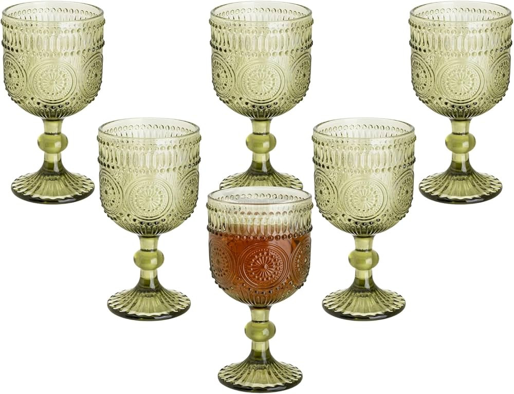 12 Oz Flower Embossed Wine Glasses Set of 6, Vintage Colored Glass Water Goblets, Unique Floral P... | Amazon (US)