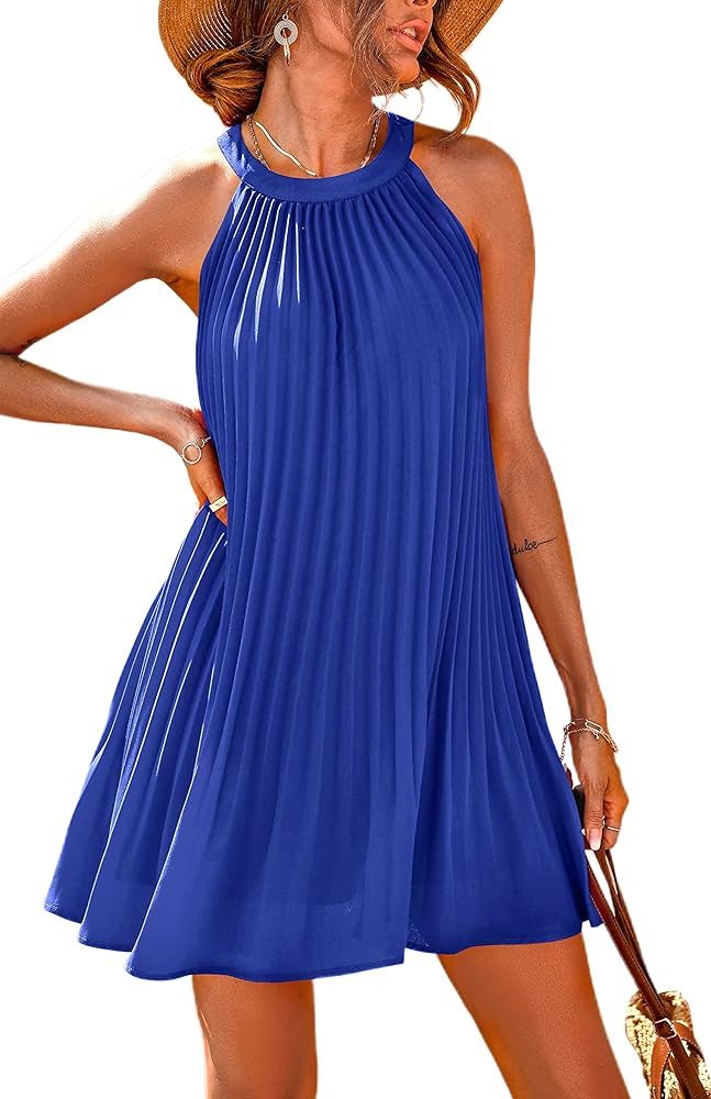 PRETTYGARDEN Women's Cute Halter Neck Sleeveless Mini Dress Solid Color Flowy Pleated Beach Dress... | Amazon (US)