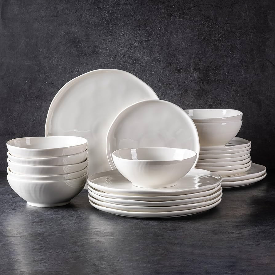 Ceramic Dinnerware Sets of 8,Porcelain Plates and Bowls Sets with Wavy Edge,Microwave & Dishwasher & Oven Safe,Light Weight & Scratch Resistant Dishes Sets-Service for 8 (24pcs)-White | Amazon (US)