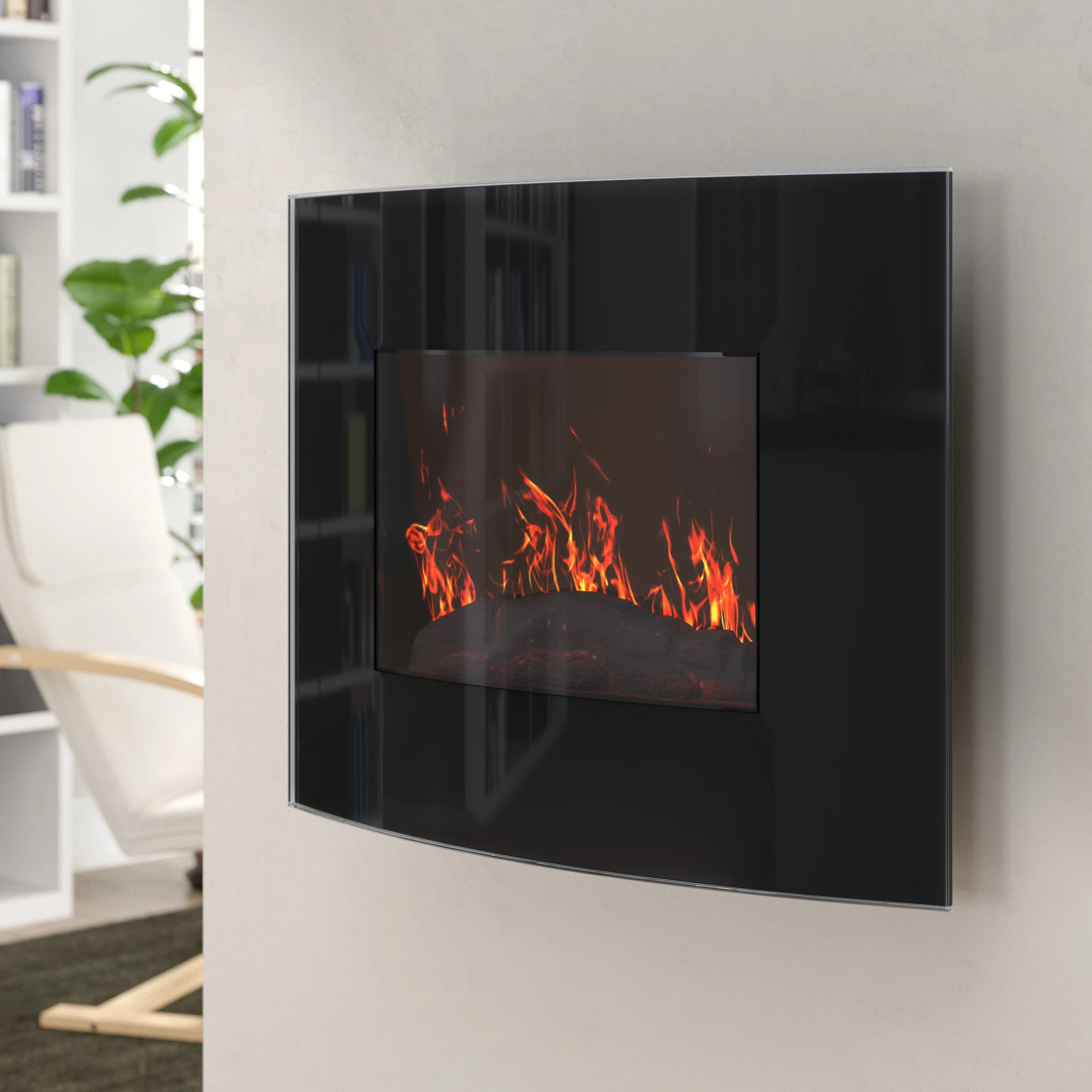 Ebern Designs 25.5-Inch Wall Mounted Electric Fireplace - Curved Glass Heater with Log Fuel Effec... | Wayfair North America