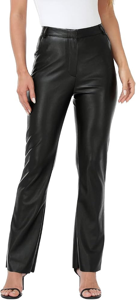 HDE Womens Faux Leather Pants High Waisted Straight Leg Trousers w/Pockets | Amazon (US)