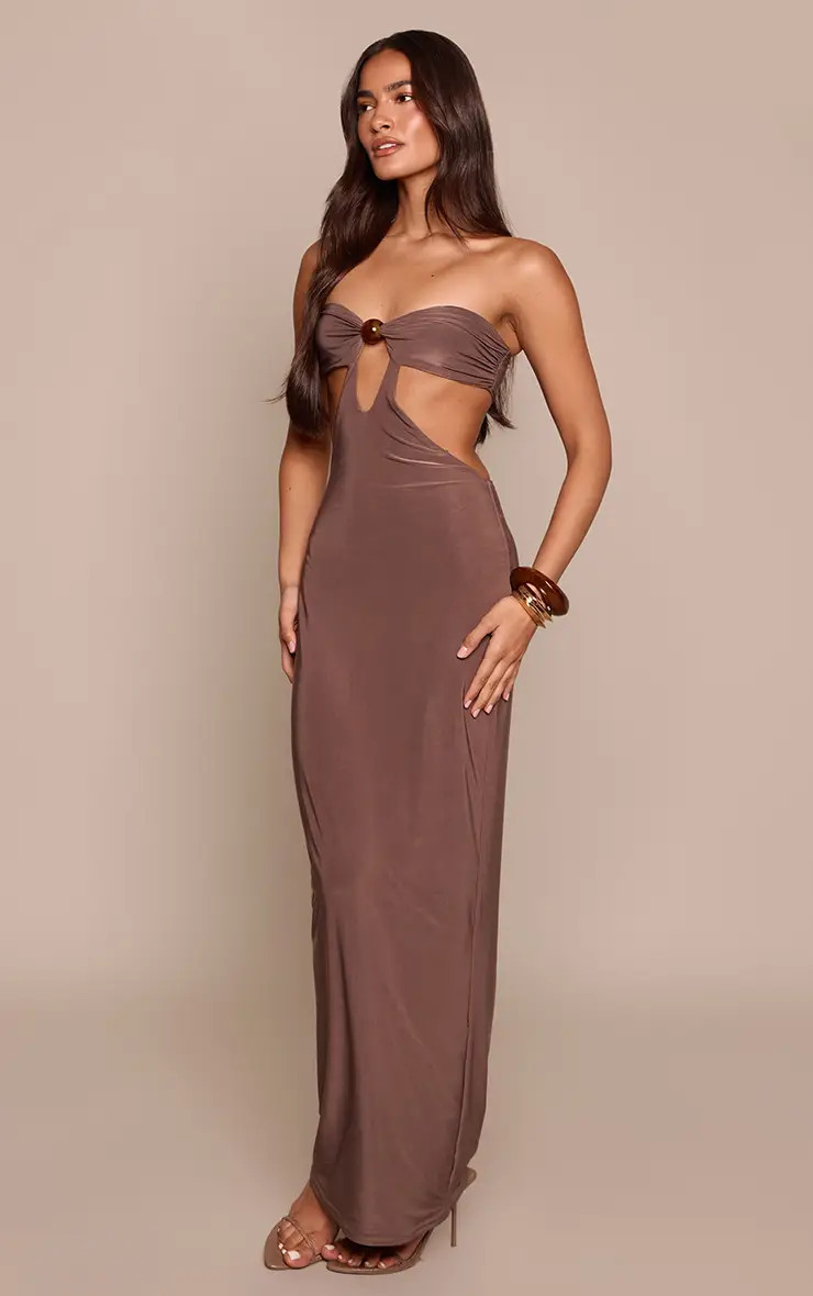 Taupe Slinky Bead Detail Cut Out Bandeau Maxi Dress | PrettyLittleThing US