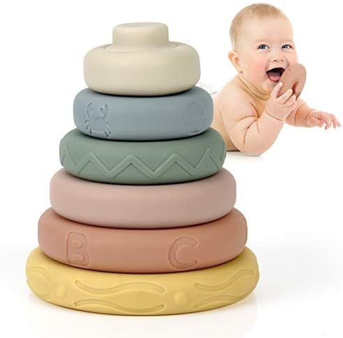 Mini Tudou 6 Pcs Stacking & Nesting Circle Toy,Soft Building Rings Stacker & Teethers,Squeeze Play w | Amazon (US)