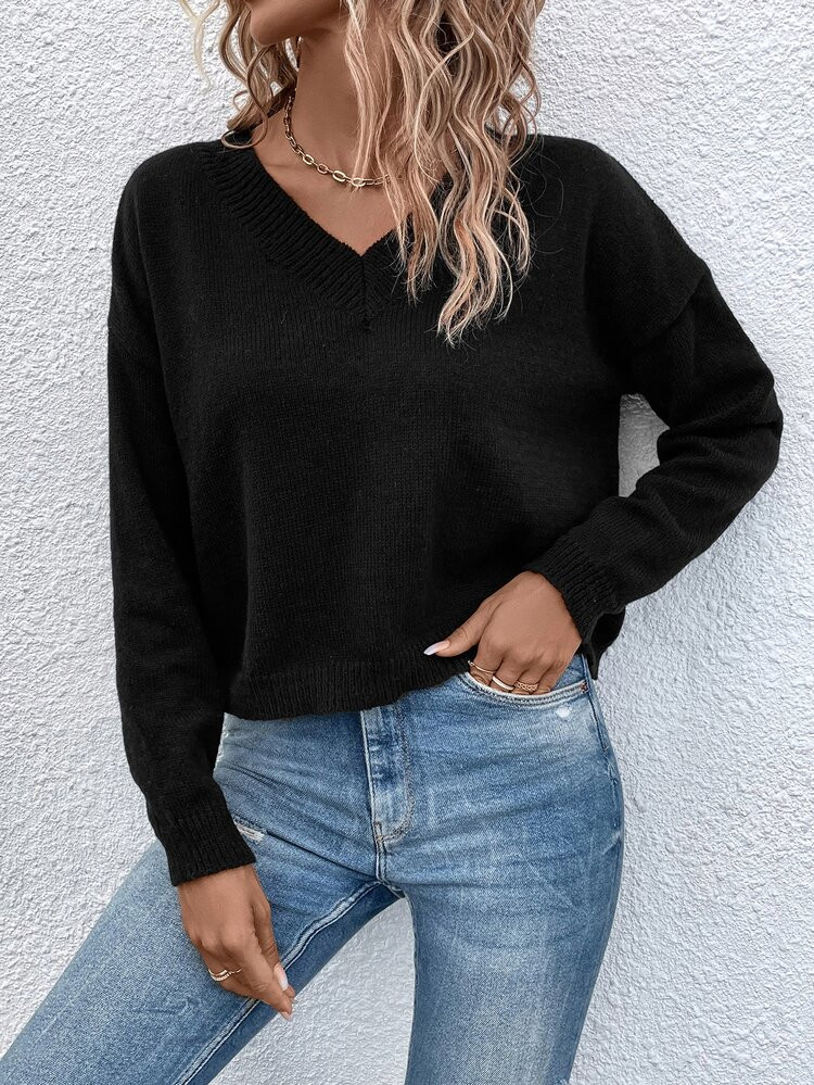 V Neck Drop Shoulder Sweater | SHEIN