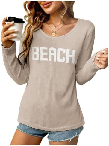 COZYEASE Women's Beach Cover Up Letter Print Long Sleeve Sweater Crew Neck Split Hem Crochet Jump... | Amazon (US)