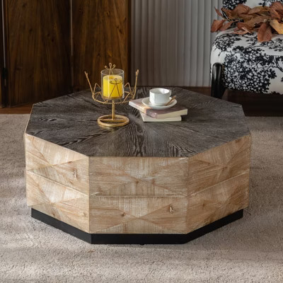 YUHAO 38" Octagon Retro Style Wood Center CoffeeTable with Three-Dimensional Embossed Pattern, Rustic Cocktail Table Center Large Circle | Target