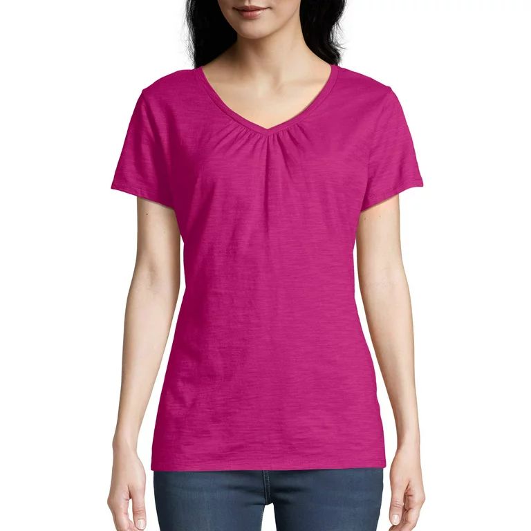 Hanes Women's Slub Jersey Shirred V-Neck T Shirt | Walmart (US)