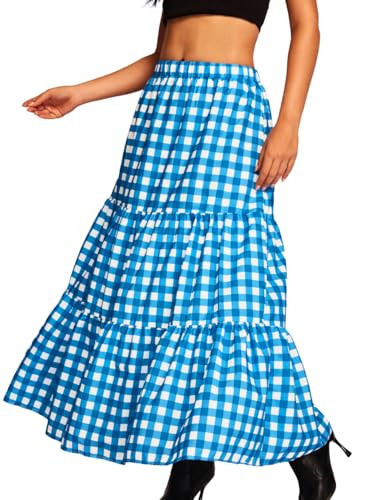 Kaei&Shi Womens Boho High Waisted Gingham Long Maxi Skirts Summer Blue Small | Amazon (US)