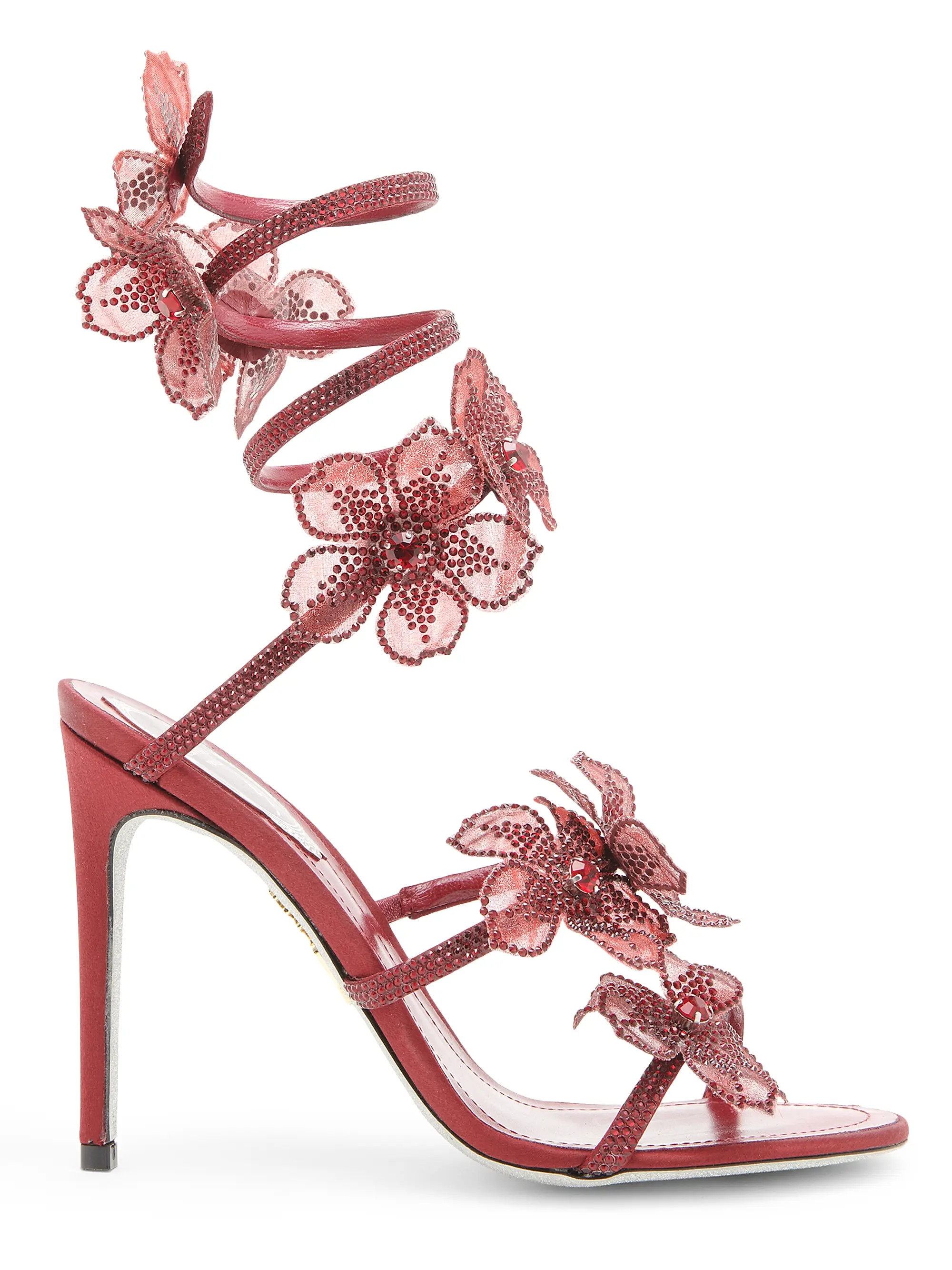 Rene Caovilla 105MM Crystal-Embellished Floral Satin Sandals | Saks Fifth Avenue | Saks Fifth Avenue