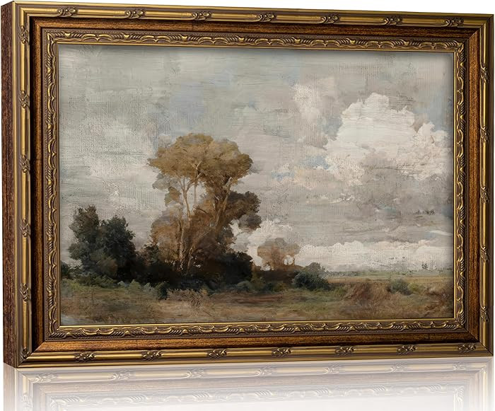 Vintage Gold Framed Landscape Wall Art Antique Cloudy Country Tree Painting | Amazon (US)