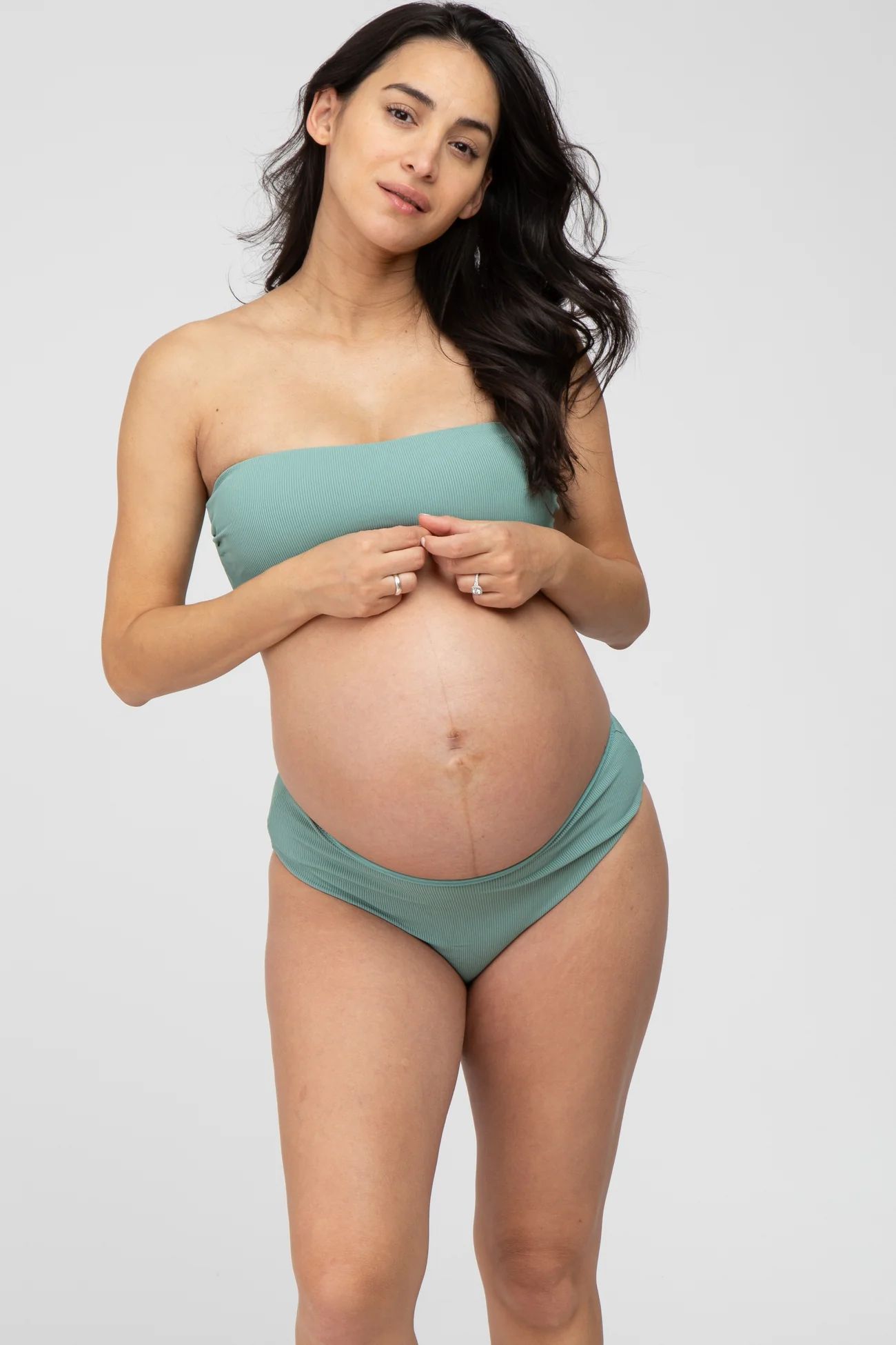 Sage Ribbed Bandeau Maternity Bikini Swim Set | PinkBlush Maternity