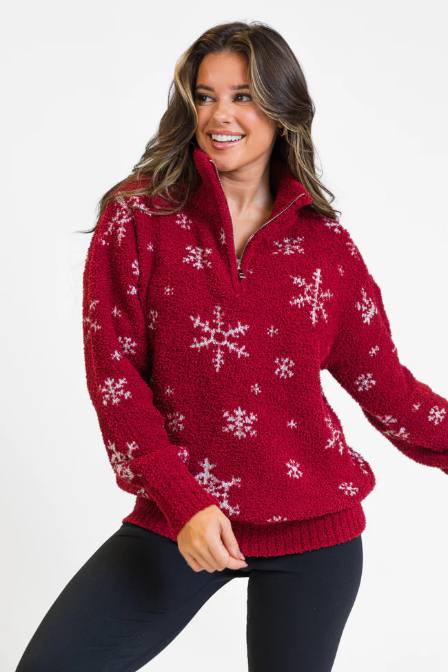 Wish We Were Burgundy Fuzzy Quarter Zip Pullover | Pink Lily