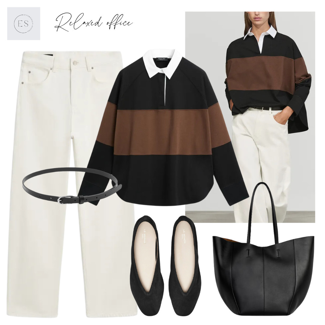 Smart casual Autumn outfit. 

Oversized cotton wide stripe polo/rugby shirt, black suede ballet flats, black leather tote bag, black leather belt with silver hardware, high waist off white barrel leg jeans.

#LTKuk #LTKautumn #LTKworkwear